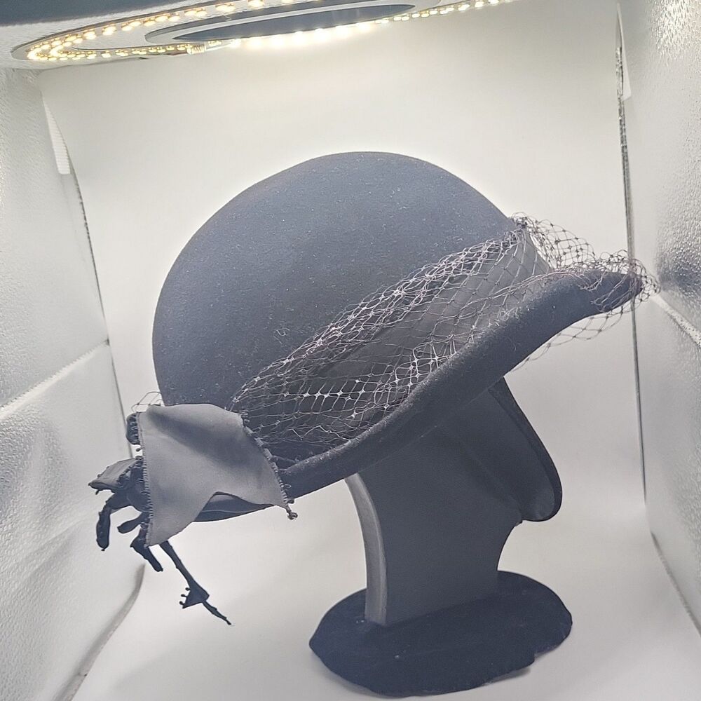 Excello Women’s Black 100% Wool Felt Church Hat w/ Netting Veil & Bow 6 7/8